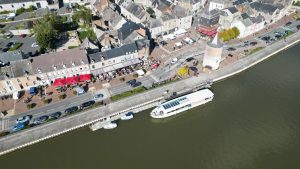 Drone photograph of Givet / Meuse River in France.