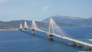 Drone photograph of Rio–Antirrio Bridge in Greece.