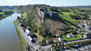 Drone photograph of Givet / Meuse River in France.