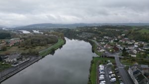 Drone photograph of Givet / Meuse River in France.