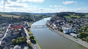 Drone photograph of Givet / Meuse River in France.