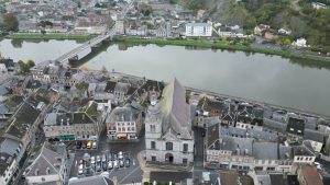 Drone photograph of Givet / Meuse River in France.